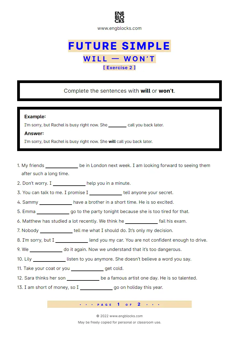 Grammar Worksheet: Future Simple — will or won’t — Exercise 2