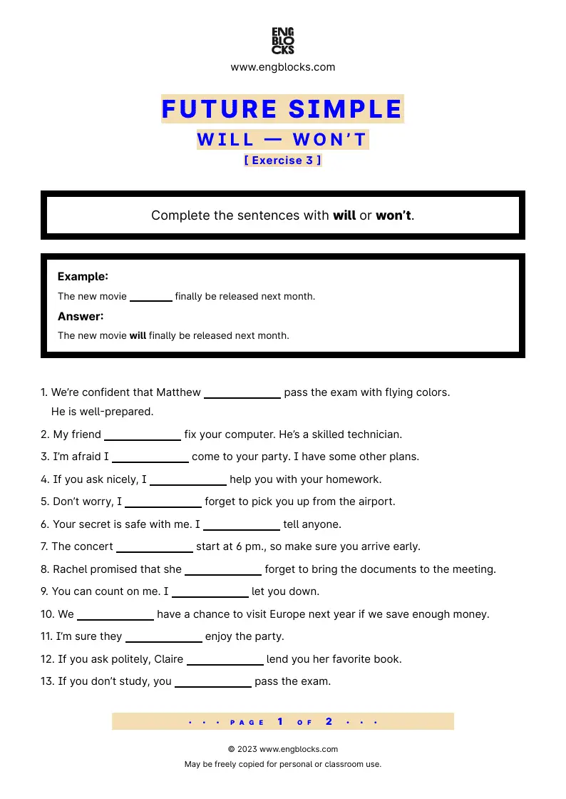 Grammar Worksheet: Future Simple — will or won’t — Exercise 3