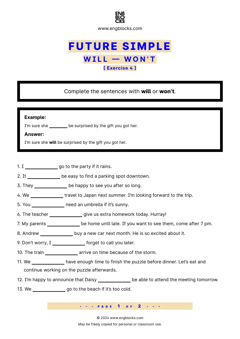 Grammar Worksheet: Future Simple — will or won’t — Exercise 4