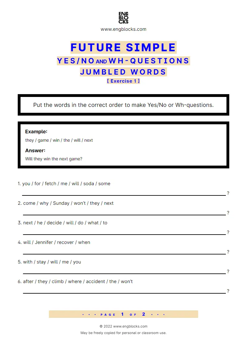 Grammar Worksheet: Future Simple — Yes/‌No and Wh-question — Jumbled words