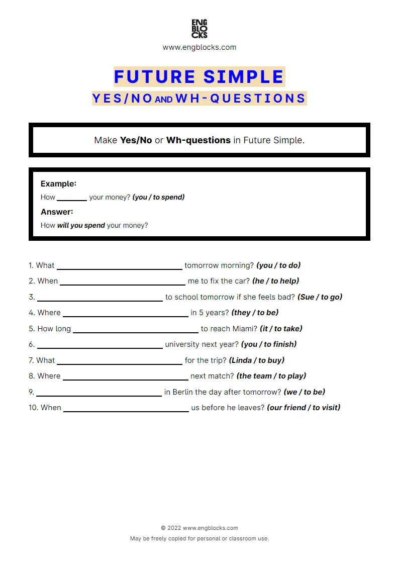 Grammar Worksheet: Future Simple — Yes/‌No and Wh-question