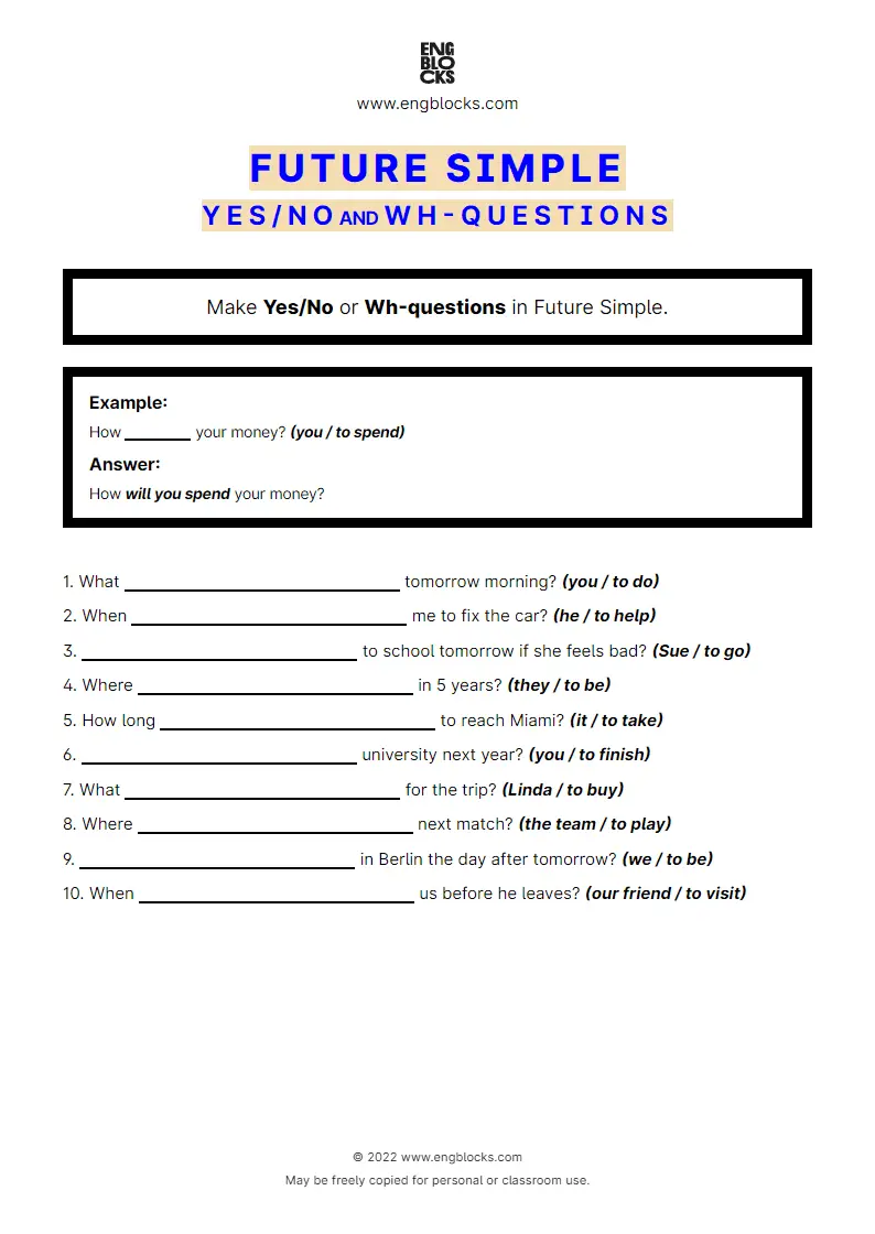 Grammar Worksheet: Future Simple — Yes/‌No and Wh-question