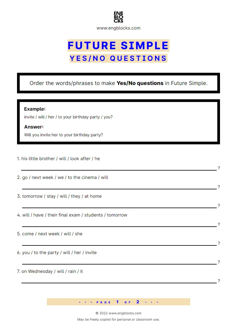 Grammar Worksheet: Future Simple — Yes/‌No question