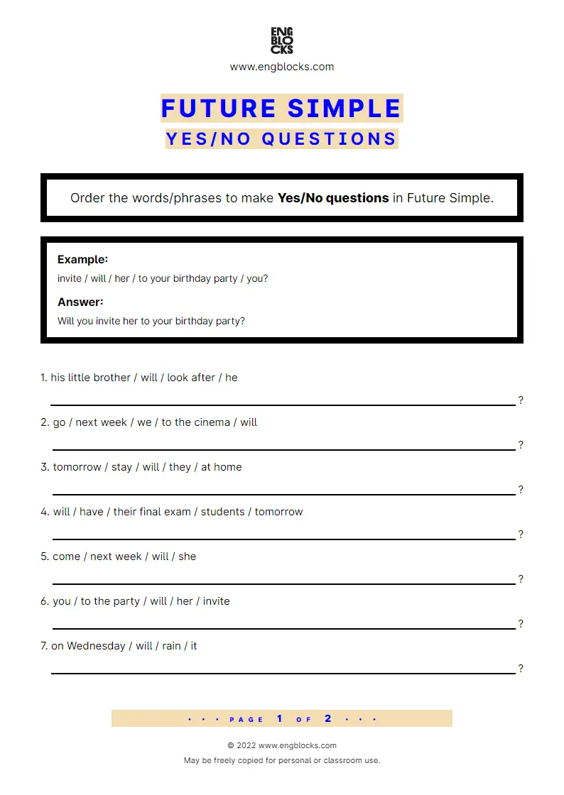 Grammar Worksheet: Future Simple — Yes/‌No question