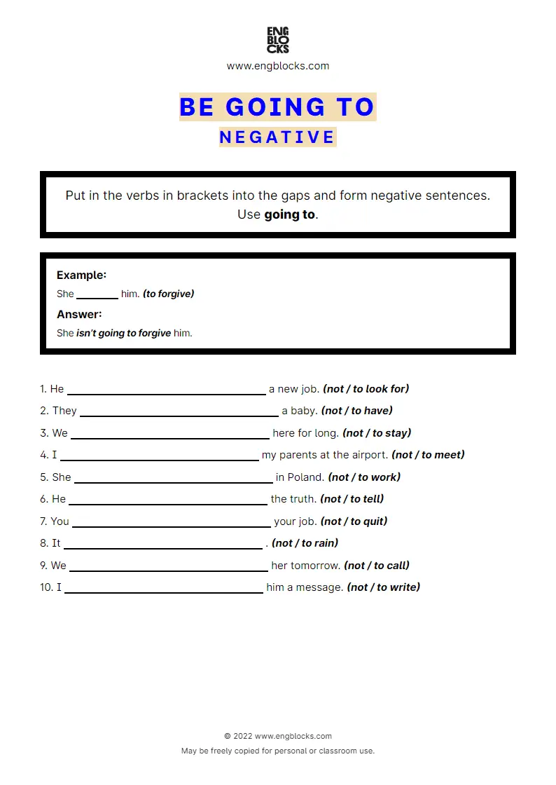 Grammar Worksheet: going to-future — Negative