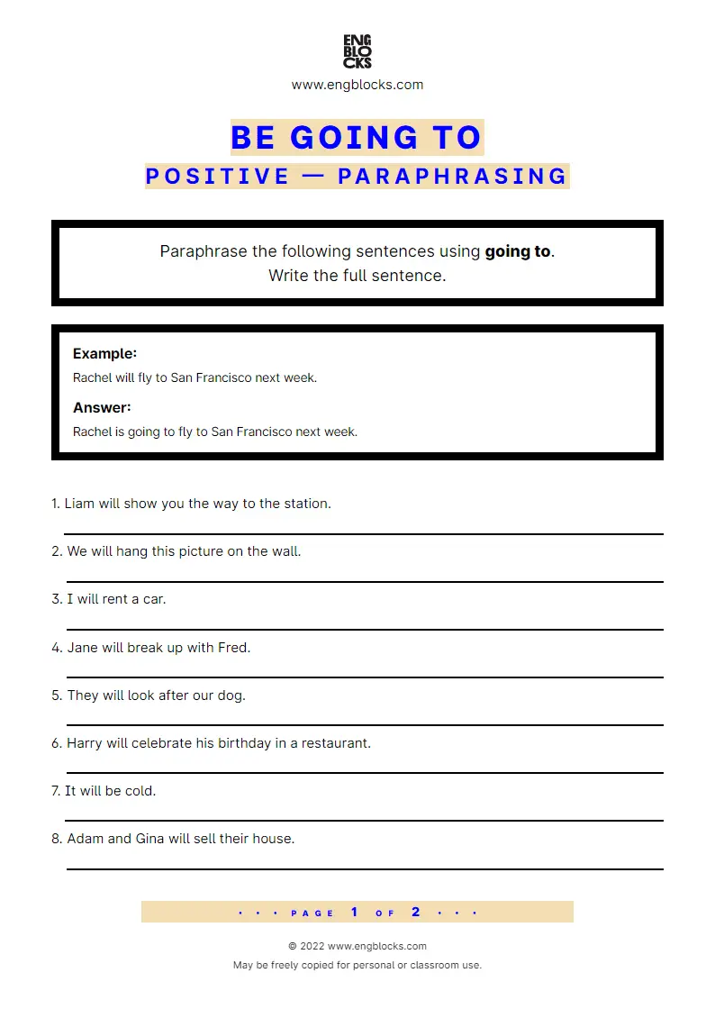 Grammar Worksheet: going to-future — Paraphrasing — Positive