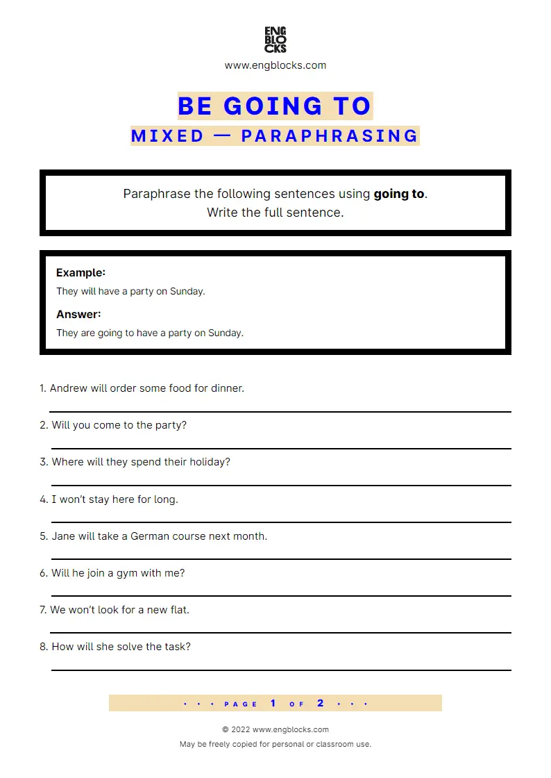 Grammar Worksheet: going to-future — Paraphrasing