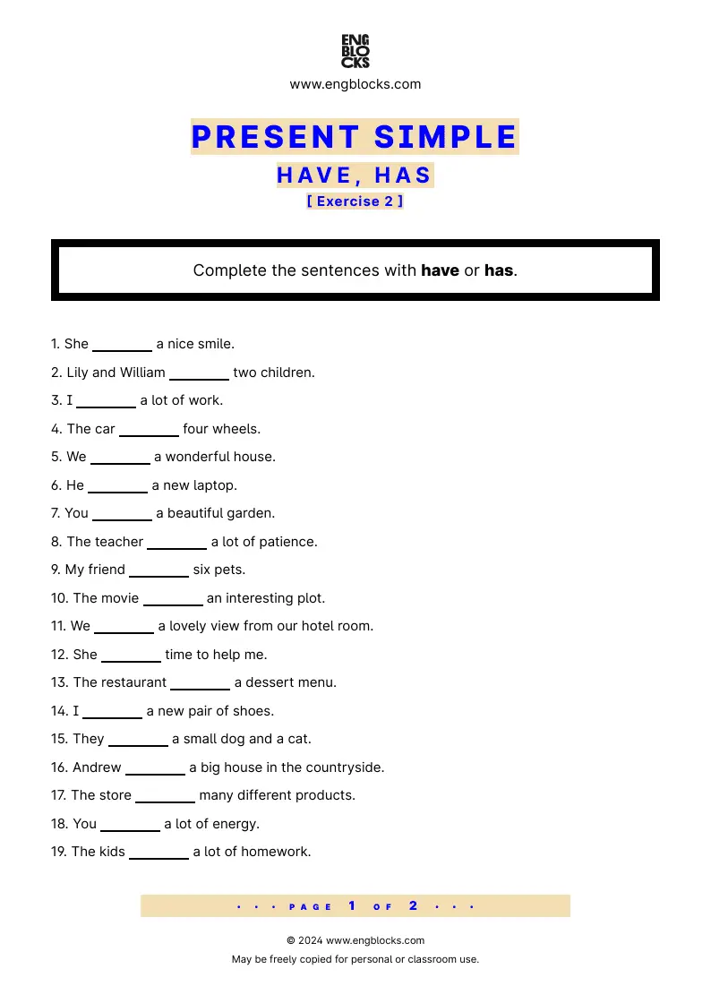 Grammar Worksheet: Have, has — Exercise 2