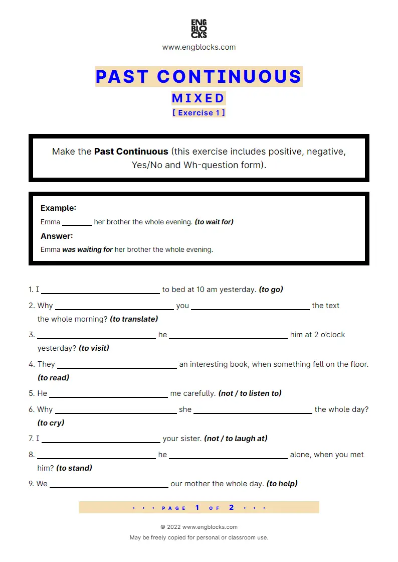 Grammar Worksheet: Past Continuous — Mixed