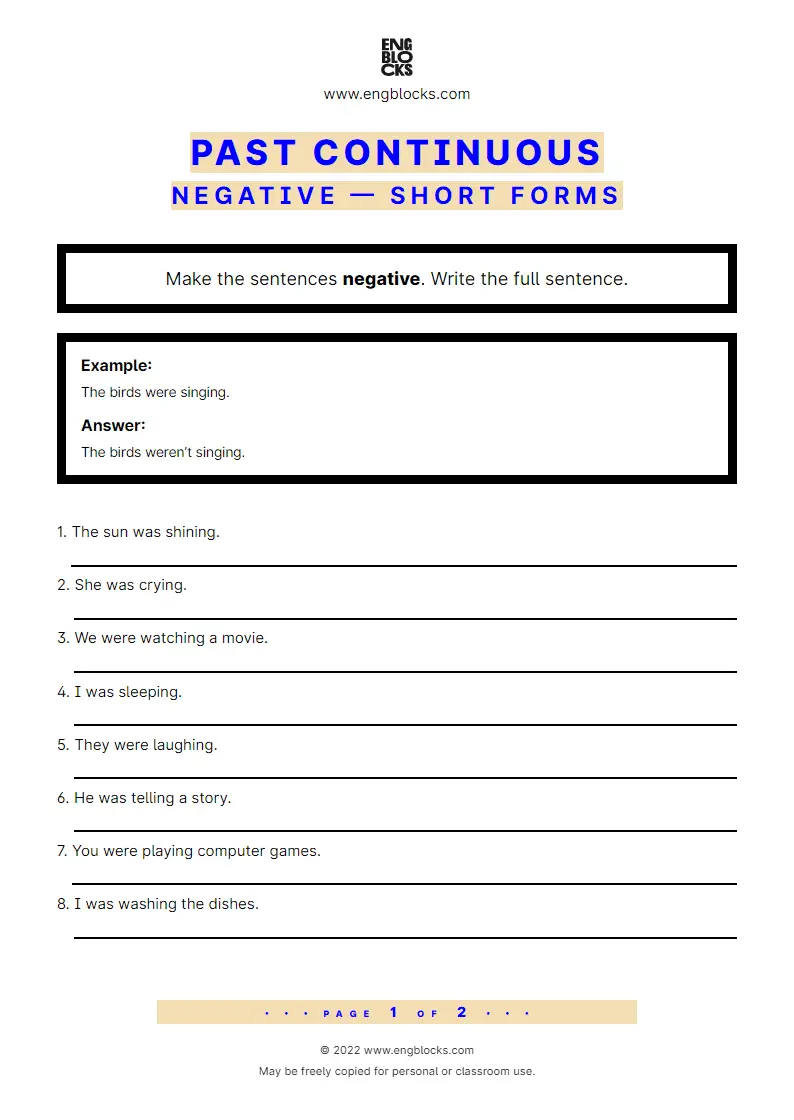 Grammar Worksheet: Past Continuous — Negative — Short forms