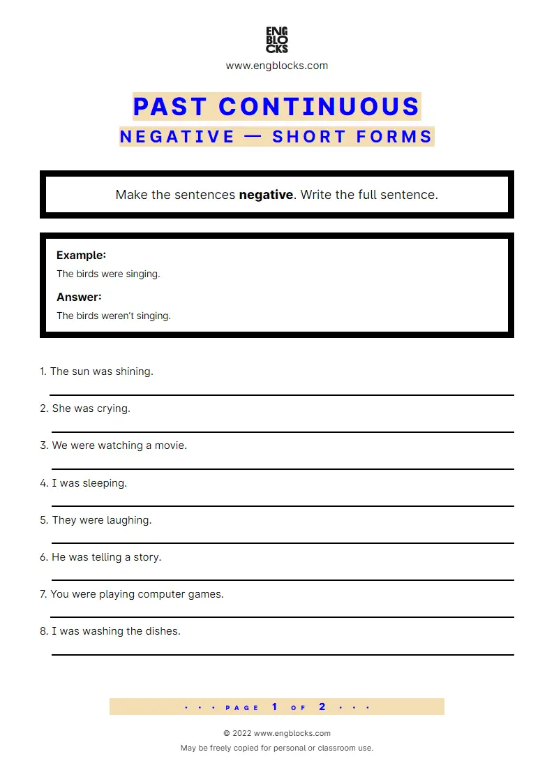 Grammar Worksheet: Past Continuous — Negative — Short forms