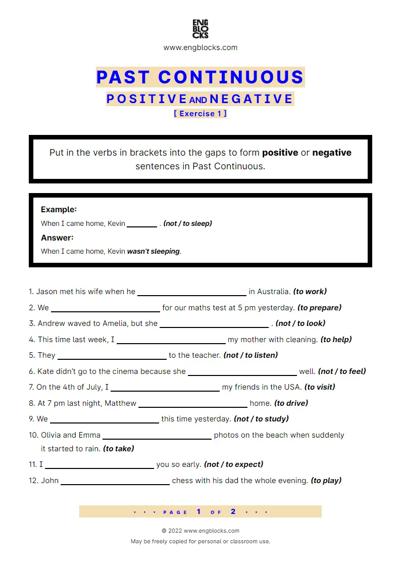 Grammar Worksheet: Past Continuous — Positive and Negative