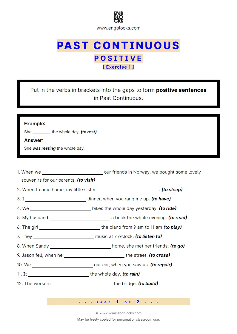 Grammar Worksheet: Past Continuous — Positive