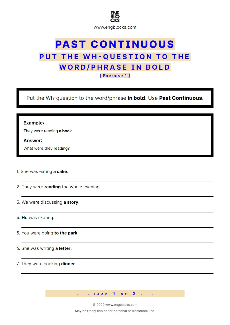 Grammar Worksheet: Past Continuous — Put the Wh-question to the word/‌phrase in bold