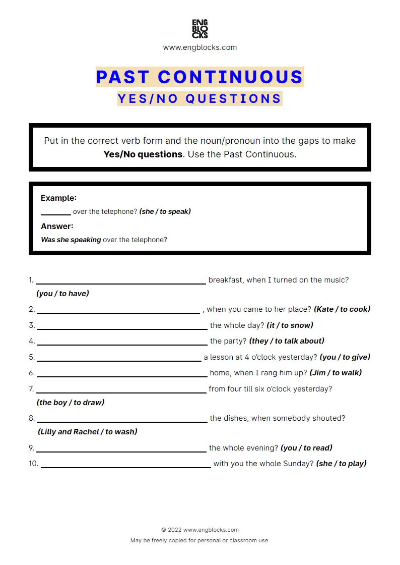 Grammar Worksheet: Past Continuous — Yes/‌No question