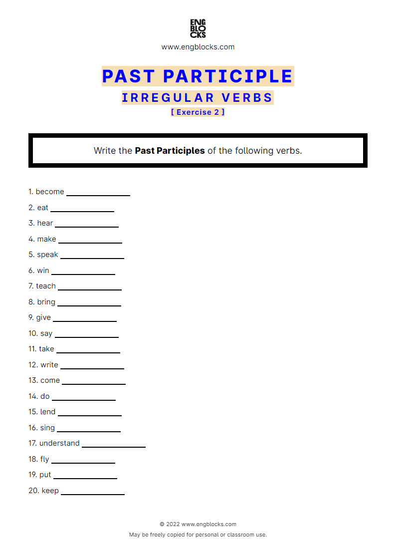 Grammar Worksheet: Past Participle of irregular verbs — Exercise 2