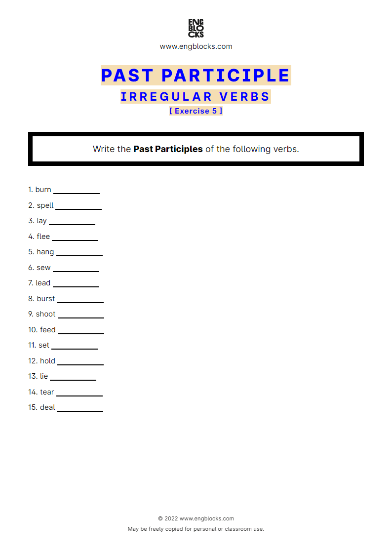 Grammar Worksheet: Past Participle of irregular verbs — Exercise 5