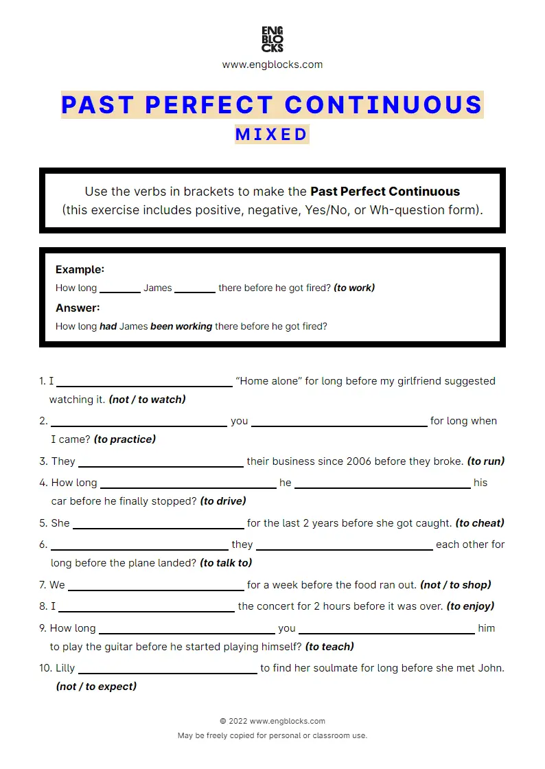 Grammar Worksheet: Past Perfect Continuous — Mixed