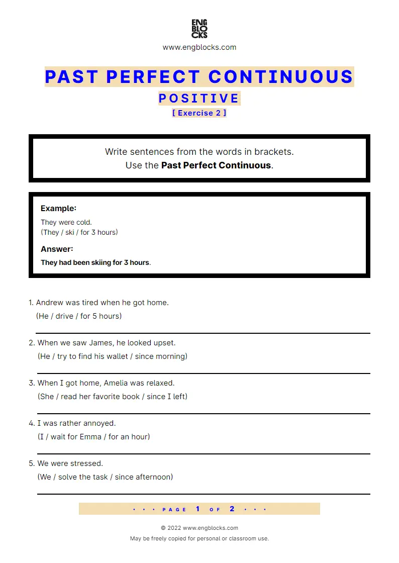 Grammar Worksheet: Past Perfect Continuous — Positive — Exercise 2