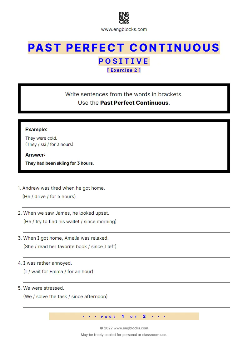 Grammar Worksheet: Past Perfect Continuous — Positive — Exercise 2