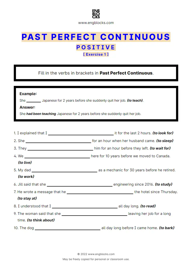 Grammar Worksheet: Past Perfect Continuous — Positive