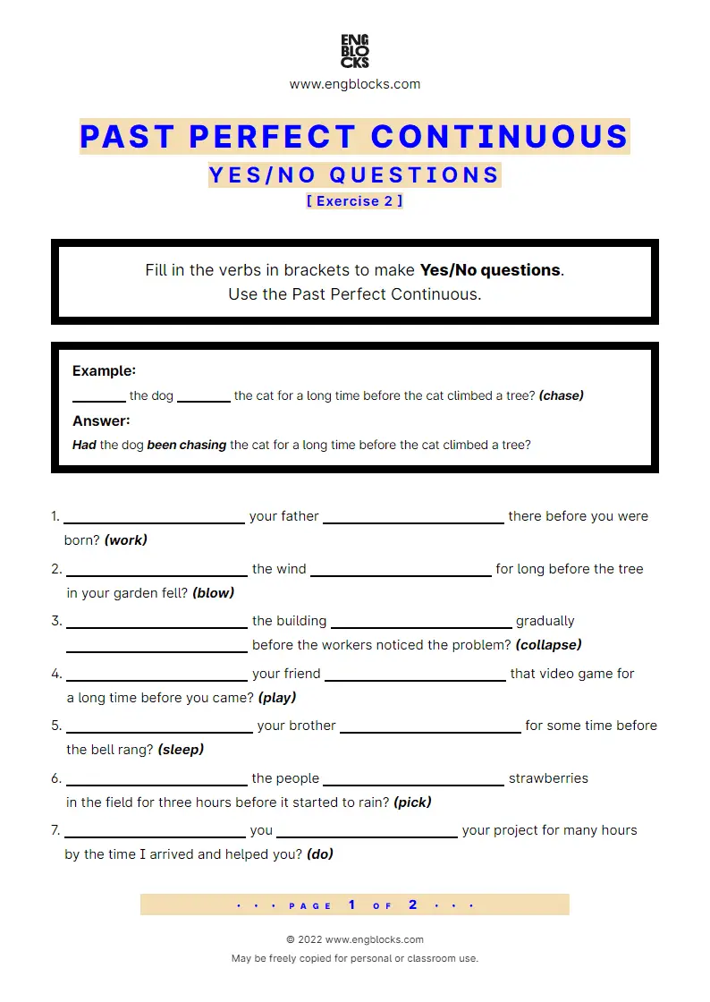 Grammar Worksheet: Past Perfect Continuous — Yes/‌No question — Exercise 2