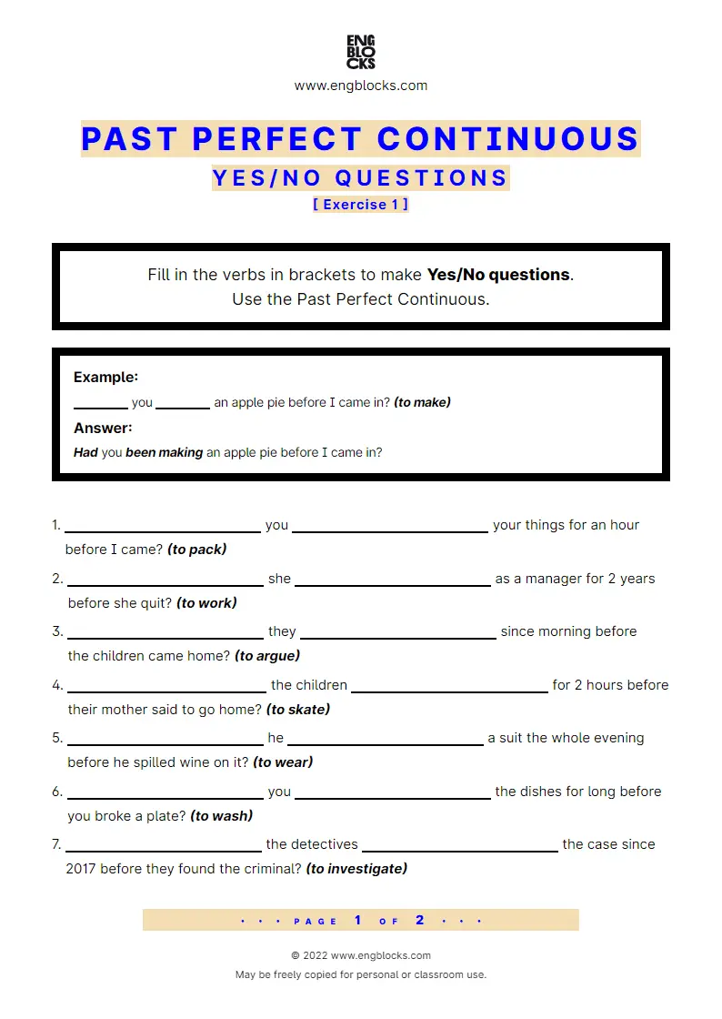 Grammar Worksheet: Past Perfect Continuous — Yes/‌No question
