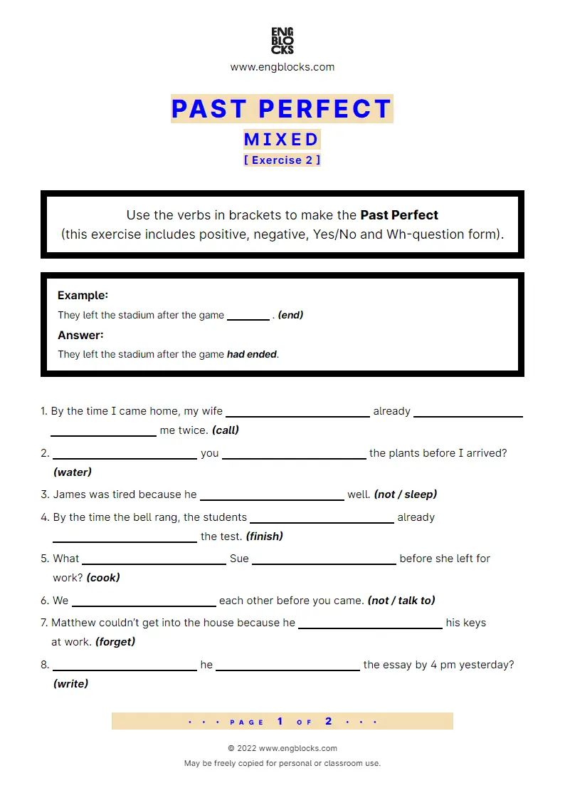 Grammar Worksheet: Past Perfect — Mixed — Exercise 2