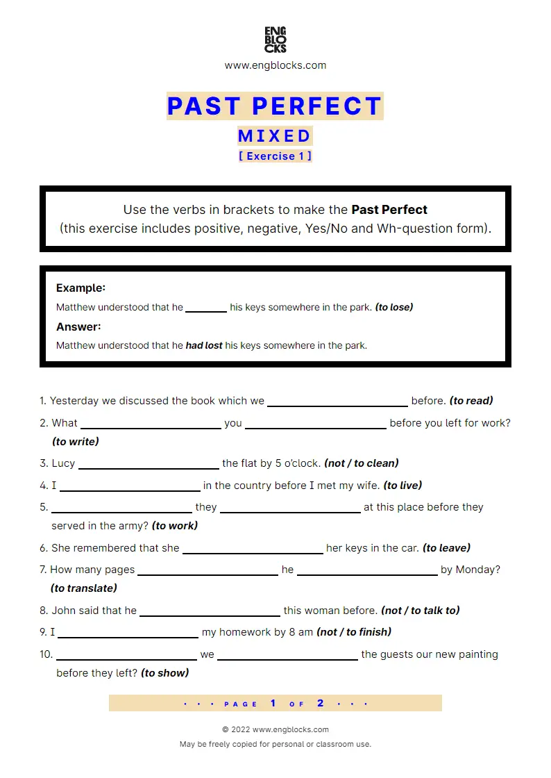 Grammar Worksheet: Past Perfect — Mixed