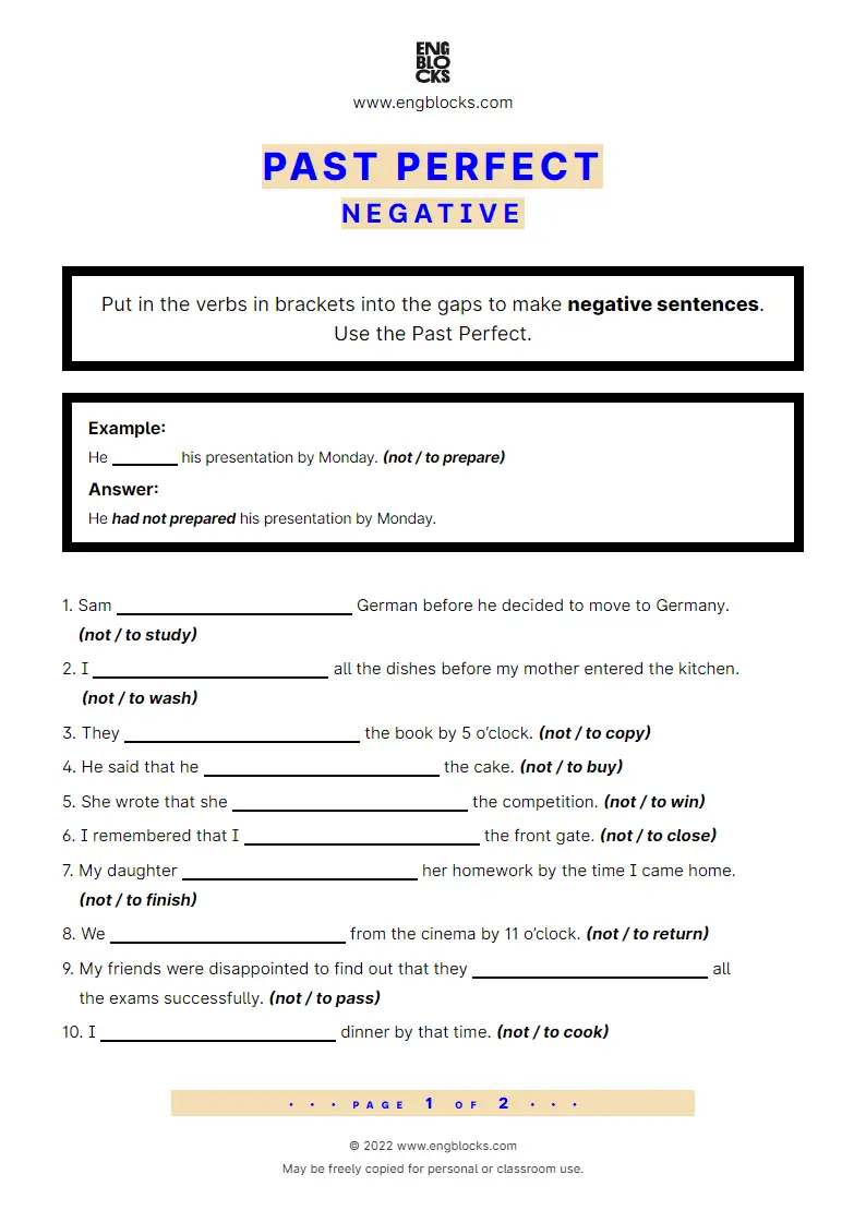 Grammar Worksheet: Past Perfect — Negative