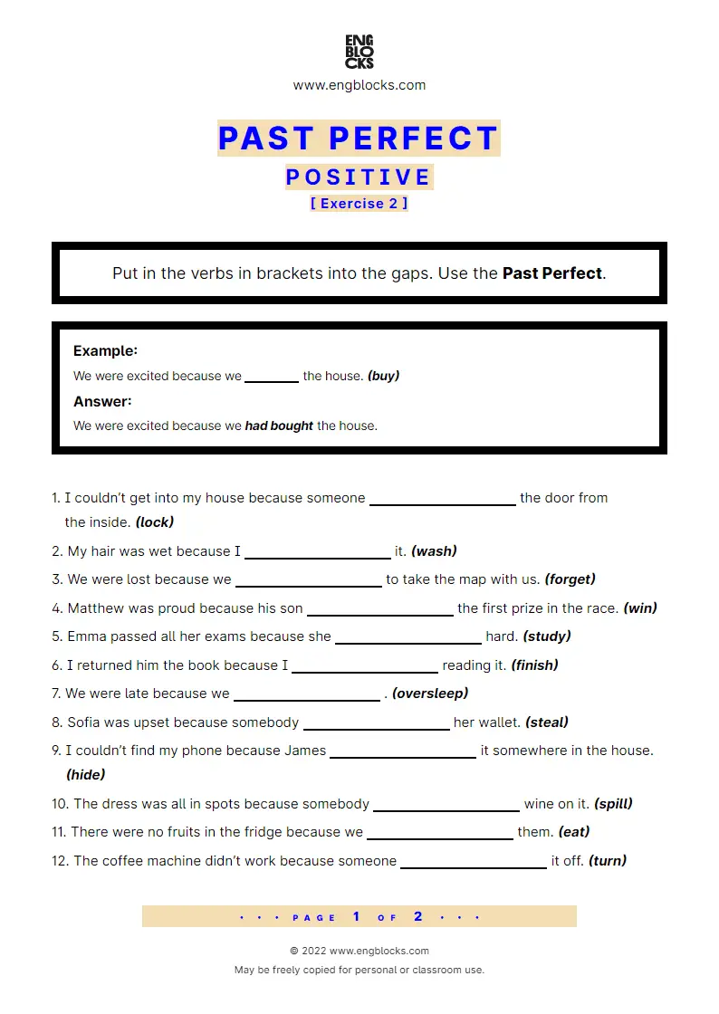 Grammar Worksheet: Past Perfect — Positive — Exercise 2