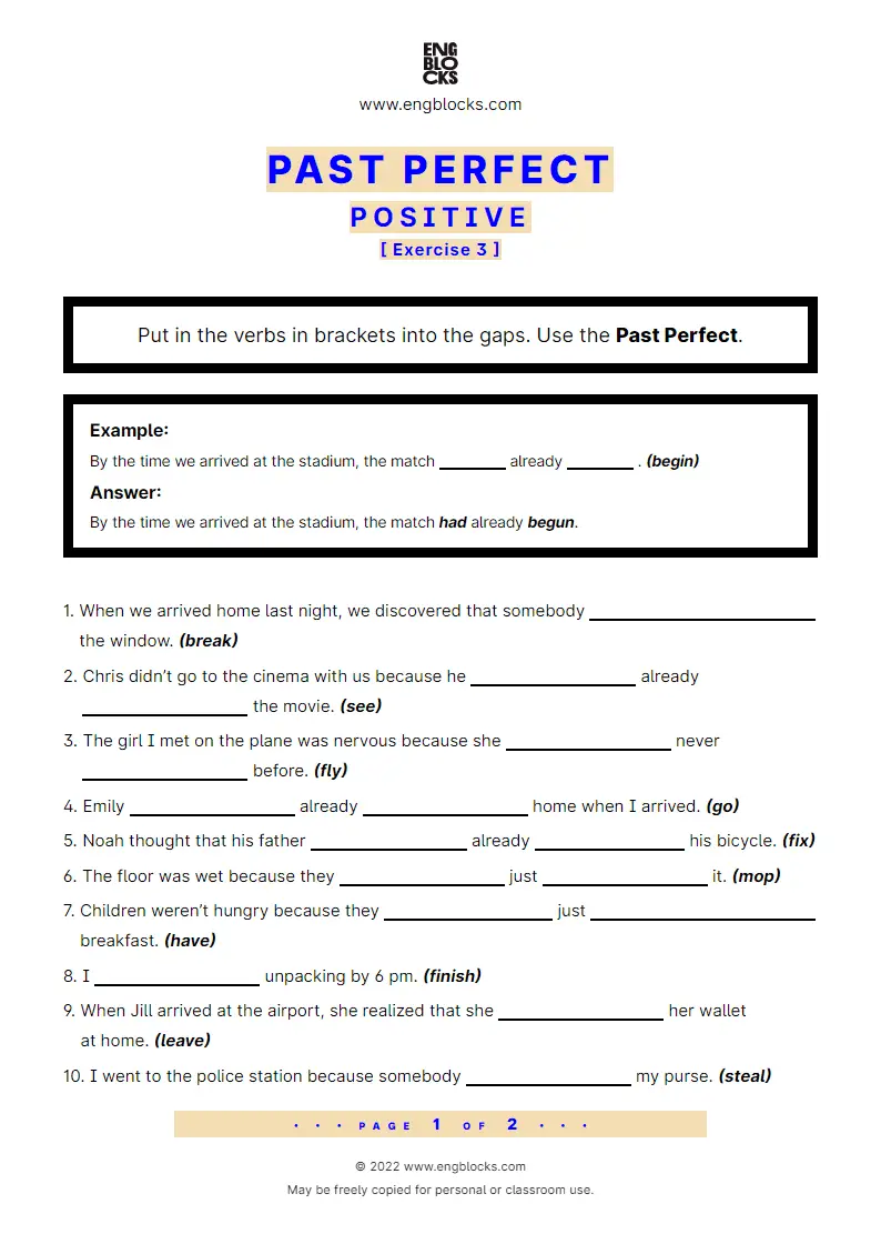 Grammar Worksheet: Past Perfect — Positive — Exercise 3