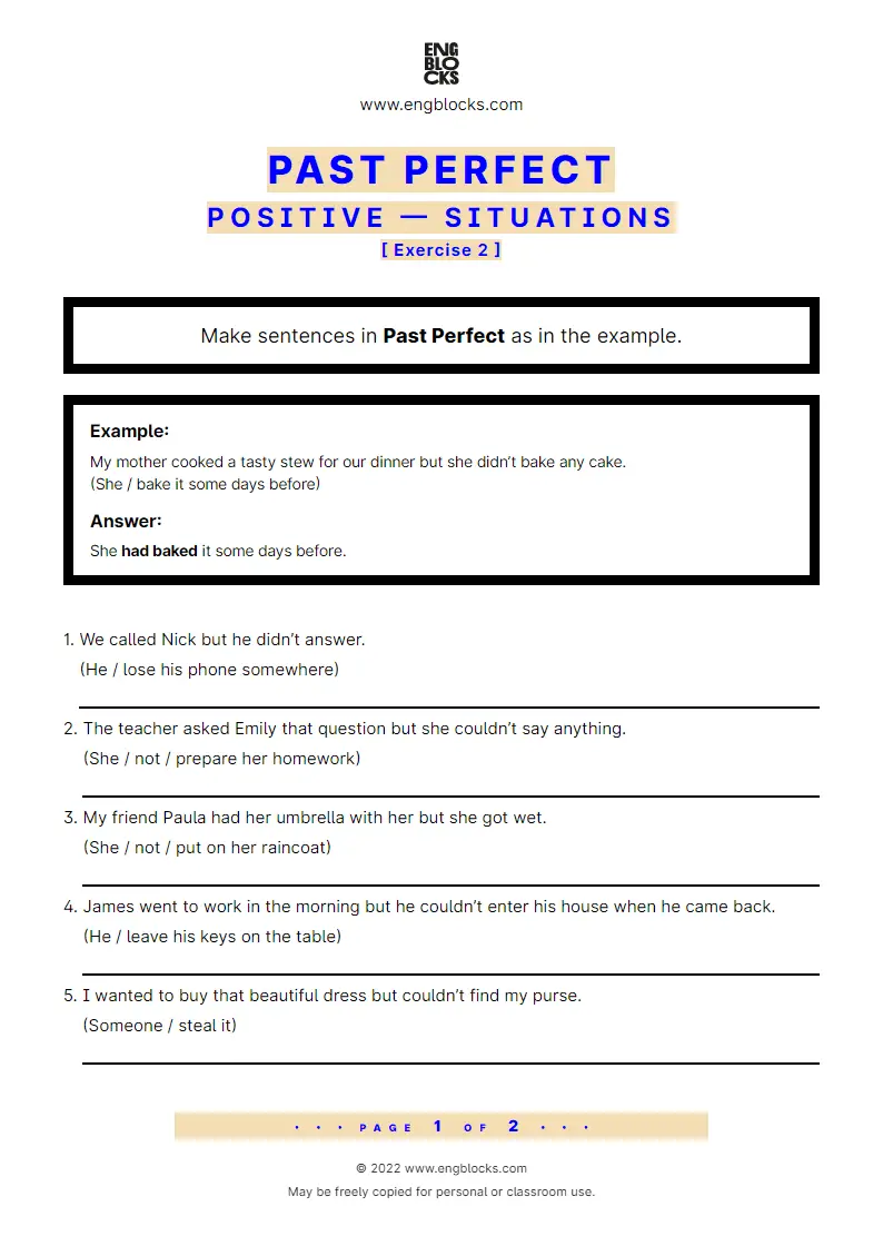 Grammar Worksheet: Past Perfect — Positive — Situations — Exercise 2