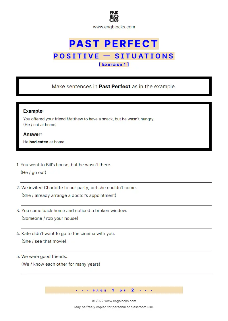 Grammar Worksheet: Past Perfect — Positive — Situations