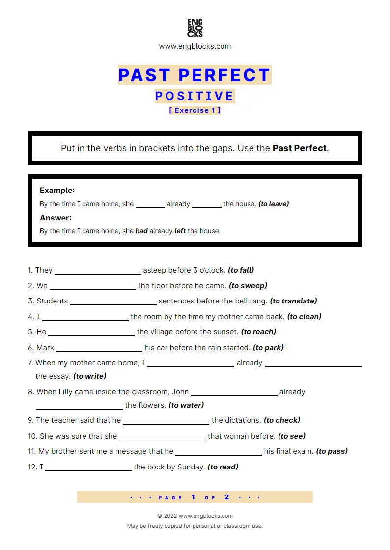 Grammar Worksheet: Past Perfect — Positive