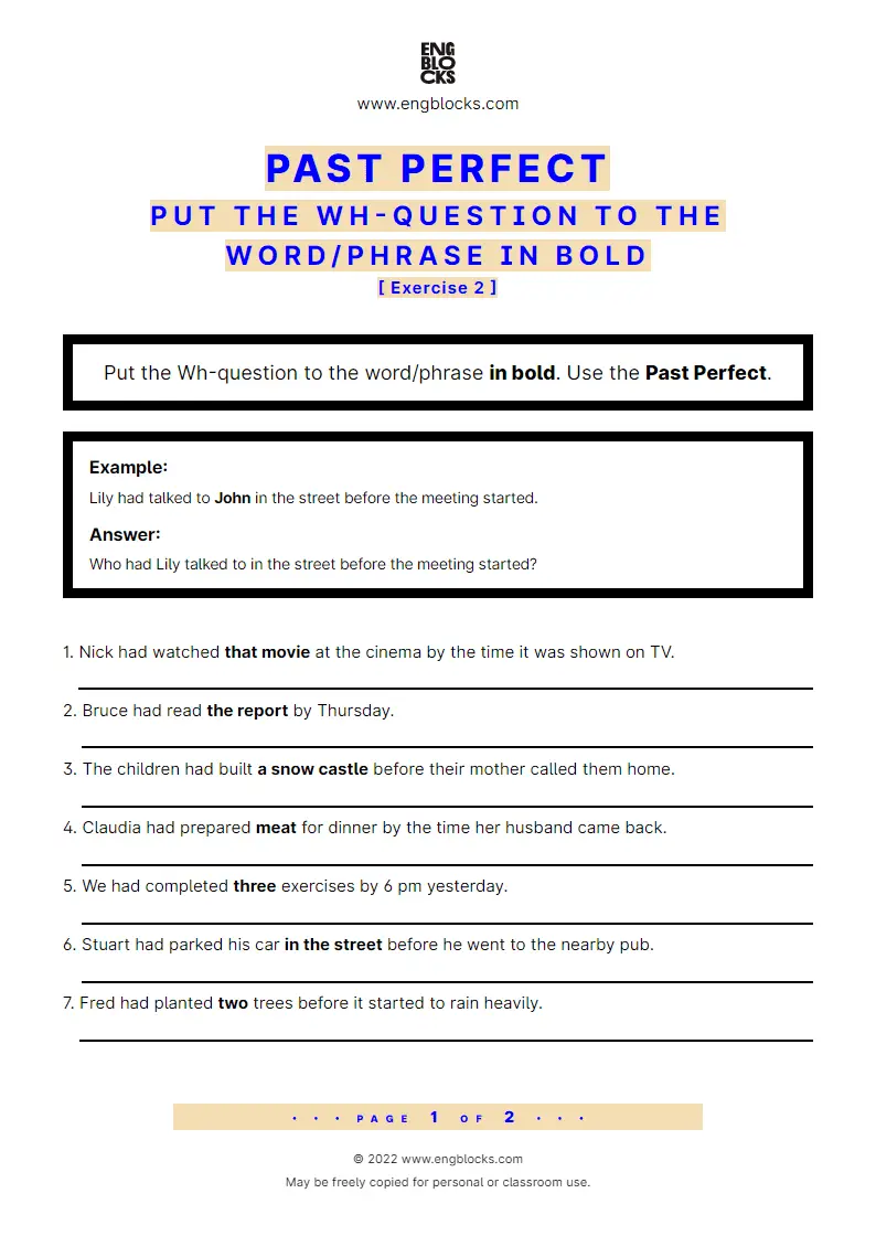 Grammar Worksheet: Past Perfect — Put the Wh-question to the word/‌phrase in bold — Exercise 2