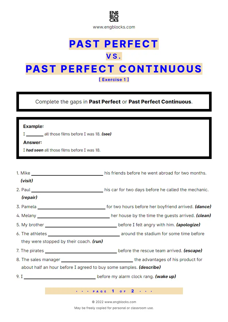 Grammar Worksheet: Past Perfect vs. Past Perfect Continuous