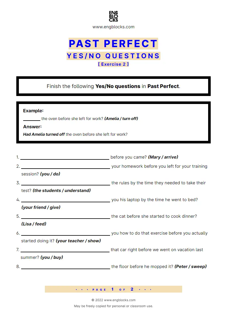 Grammar Worksheet: Past Perfect — Yes/‌No question — Exercise 2