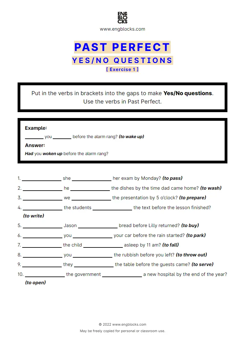 Grammar Worksheet: Past Perfect — Yes/‌No question