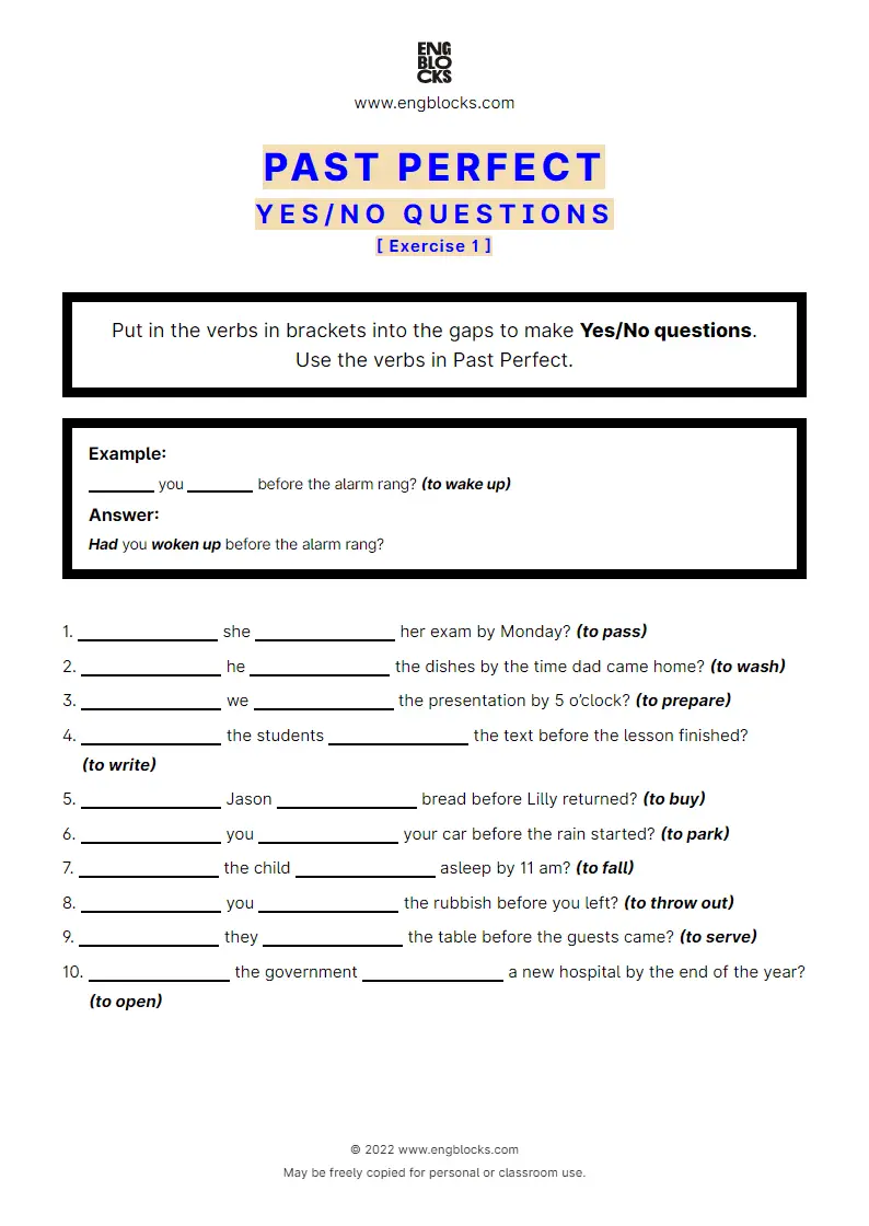 Grammar Worksheet: Past Perfect — Yes/‌No question