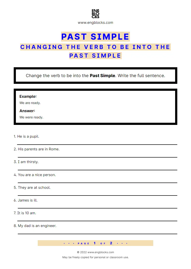 Grammar Worksheet: Past Simple — Changing the verb to be into the Past Simple