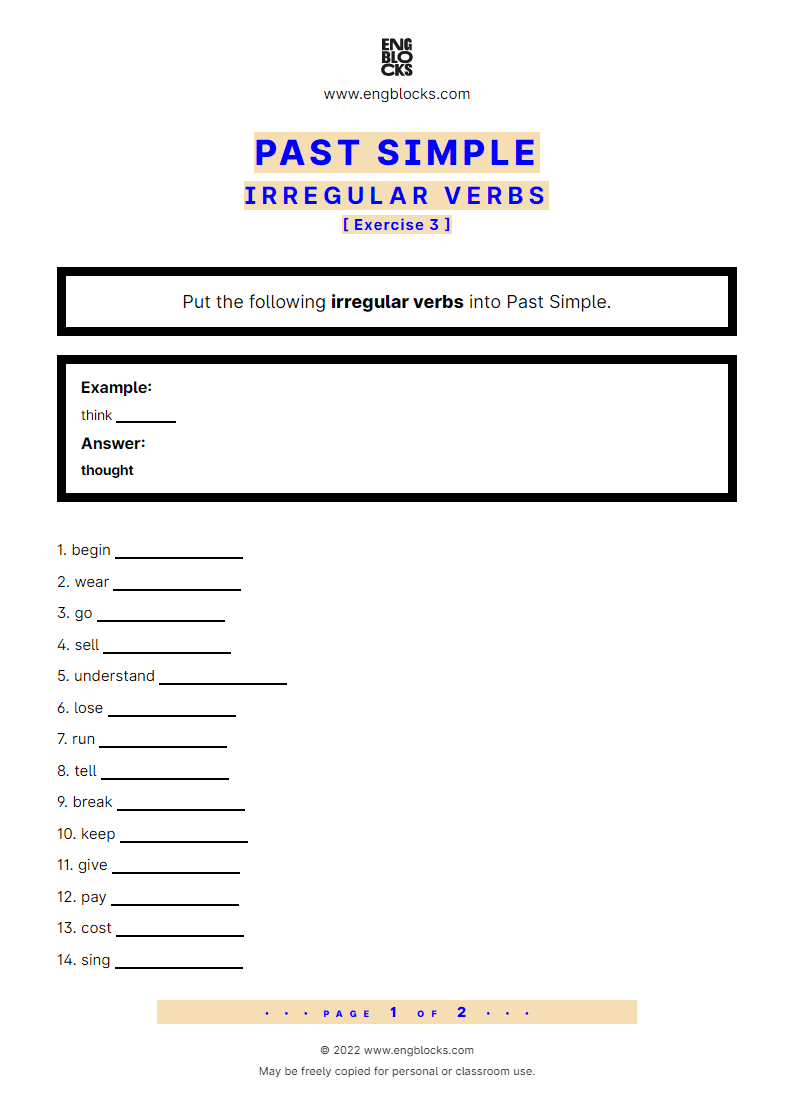 Grammar Worksheet: Past Simple — irregular verbs — Exercise 3