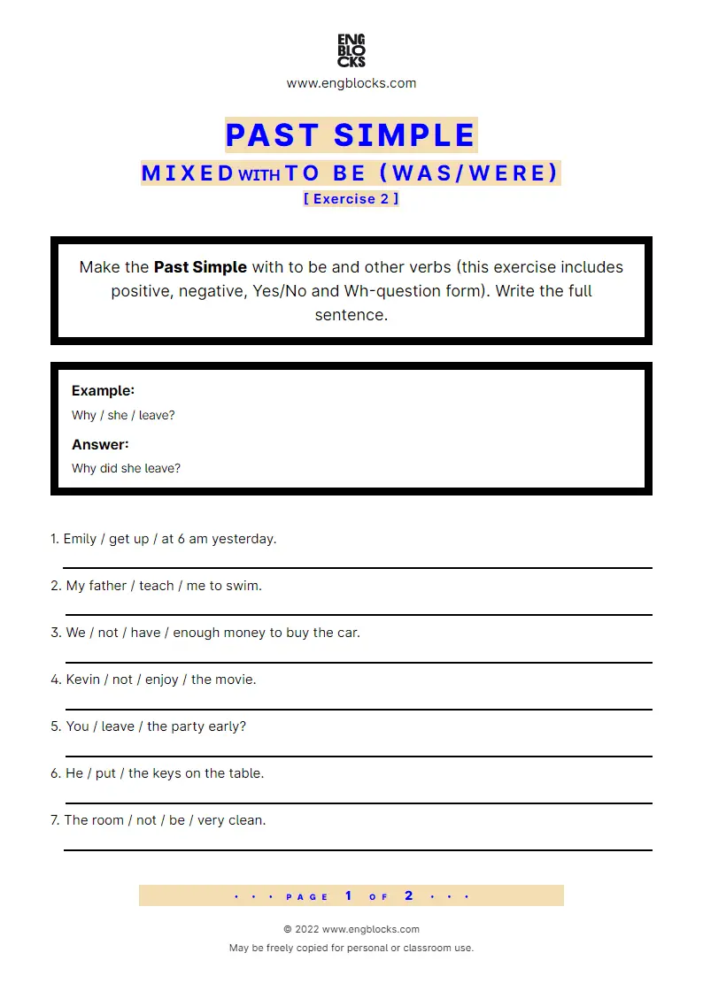 Grammar Worksheet: Past Simple — Mixed — All verbs and to be (was/‌were) — Exercise 2