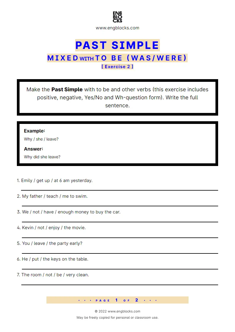 Grammar Worksheet: Past Simple — Mixed — All verbs and to be (was/‌were) — Exercise 2