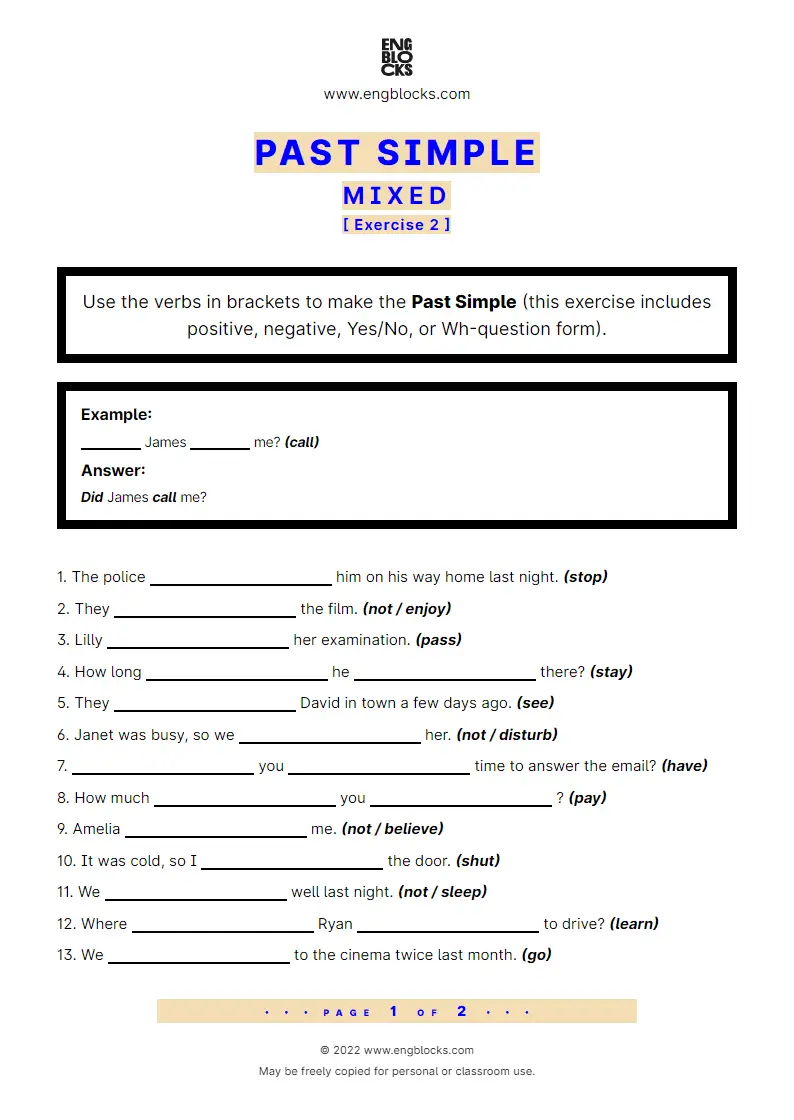 Grammar Worksheet: Past Simple — Mixed — Exercise 2