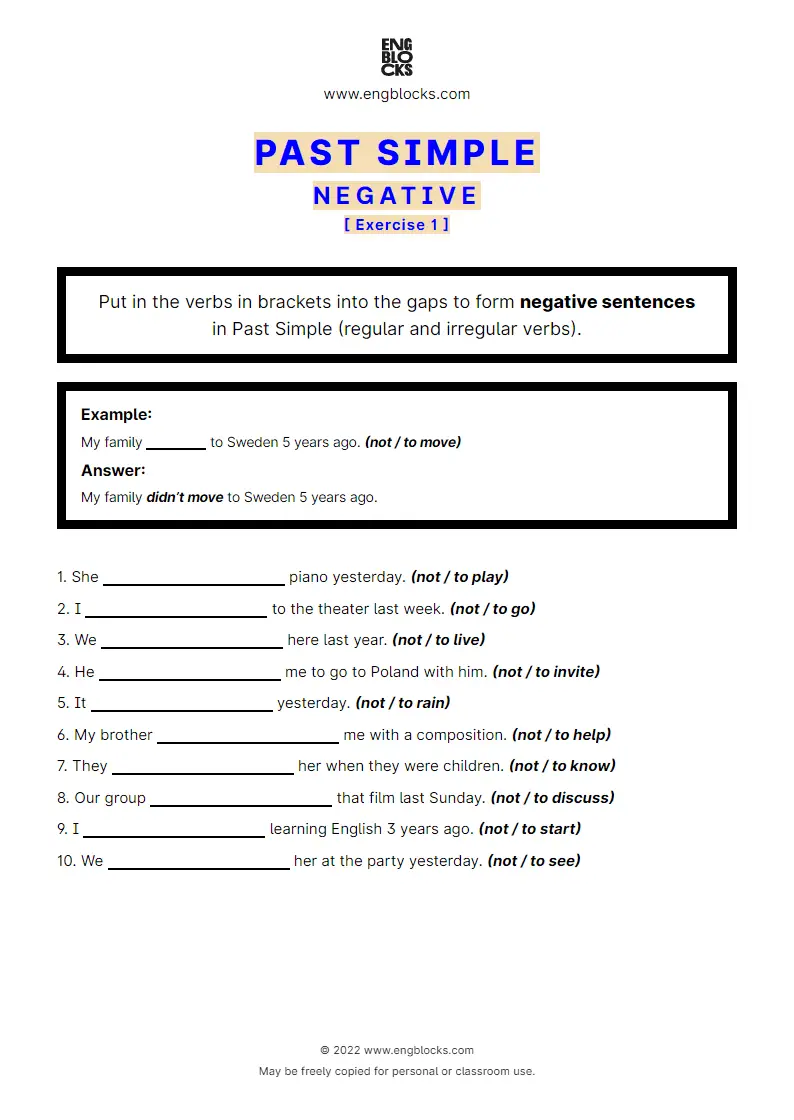 Grammar Worksheet: Past Simple — Negative — regular and irregular verbs — Exercise 1