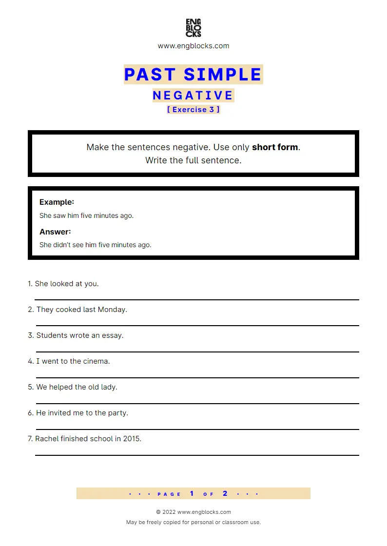 Grammar Worksheet: Past Simple — Negative — regular and irregular verbs — Exercise 3