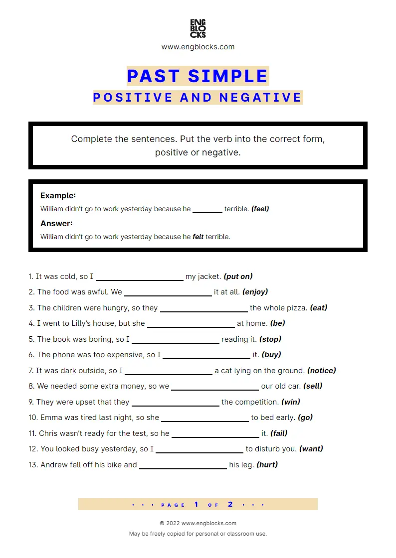 Grammar Worksheet: Past Simple — Positive and Negative
