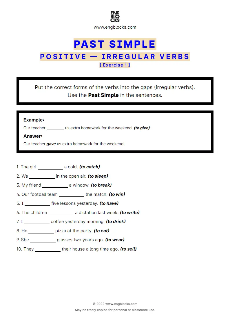 Grammar Worksheet: Past Simple — Positive — irregular verbs — Exercise 1