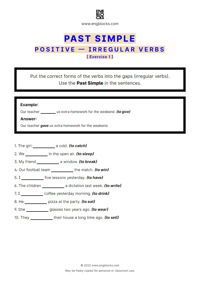 Grammar Worksheet: Past Simple — Positive — irregular verbs — Exercise 1